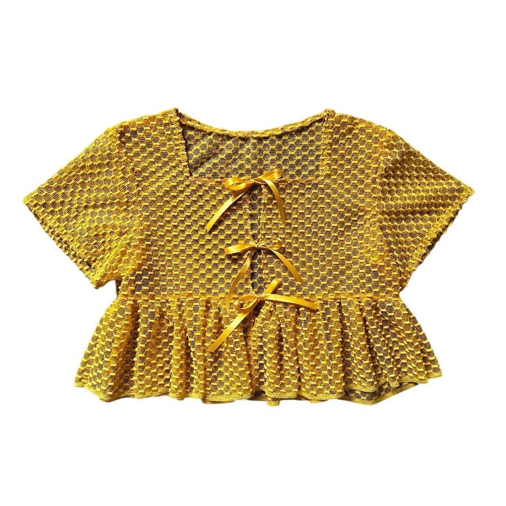 70s Fabric Reworked Sunshine Tie Blouse M/L Mesh Yellow Bows